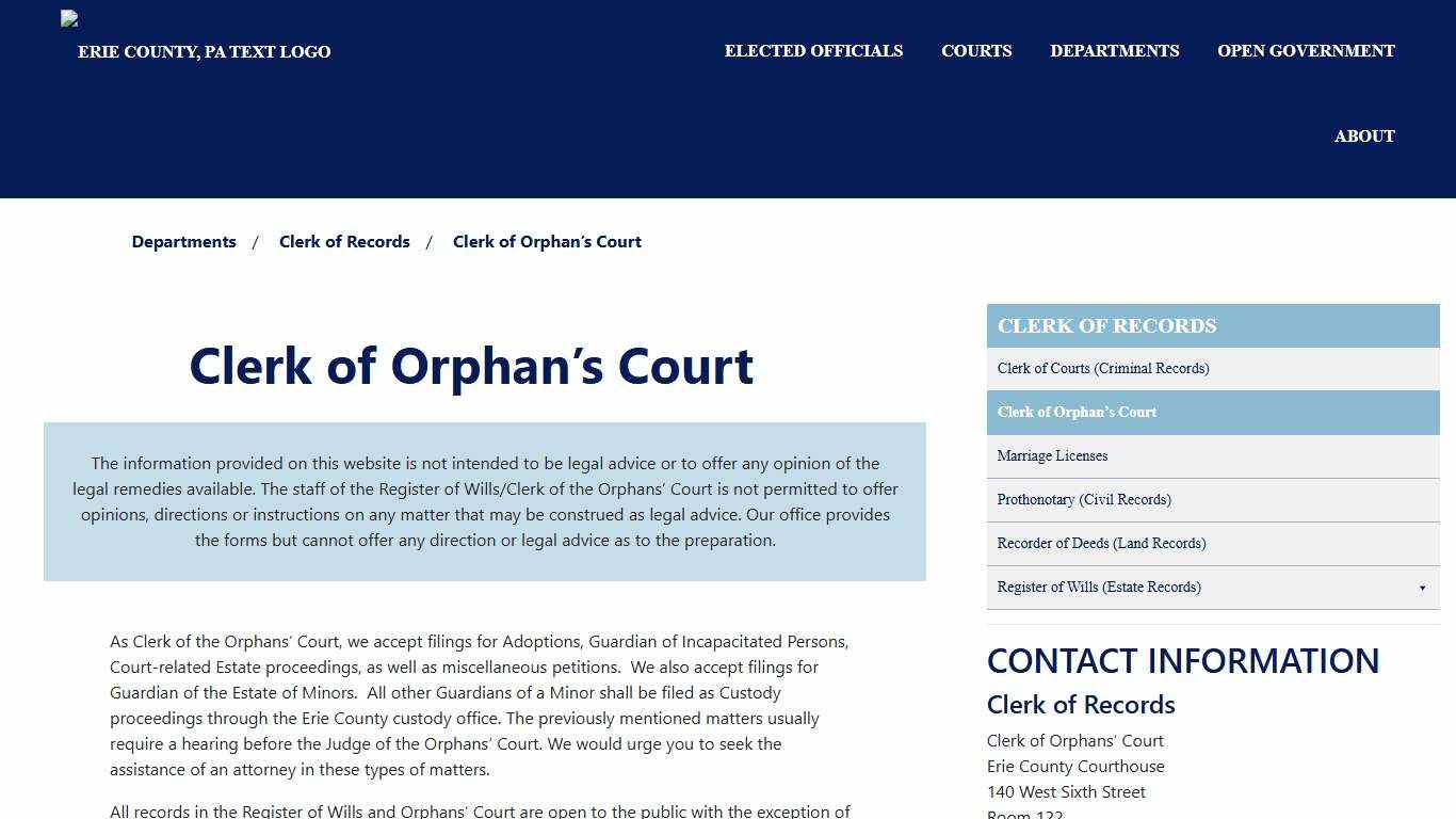 Clerk of Orphan's Court Erie County Courts - Erie County, PA