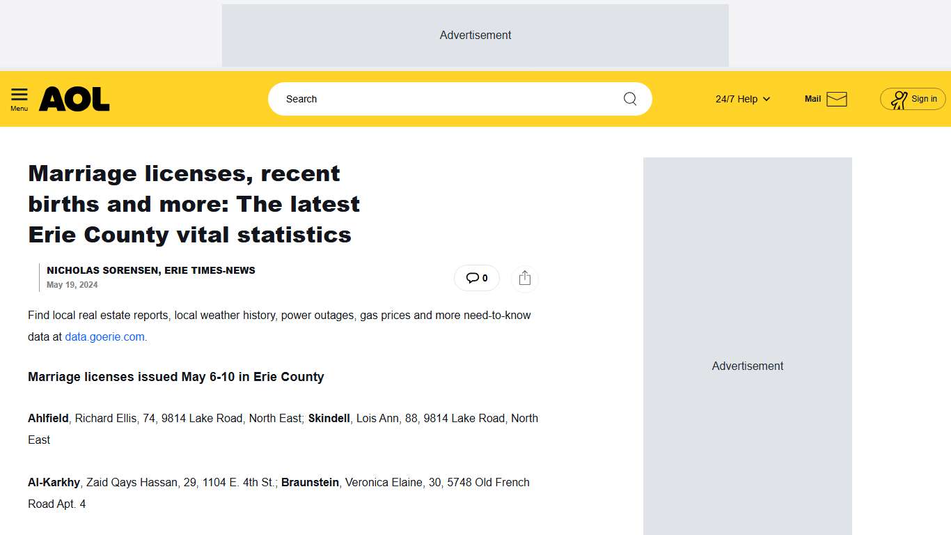 Marriage licenses, recent births and more: The latest Erie County vital statistics - AOL